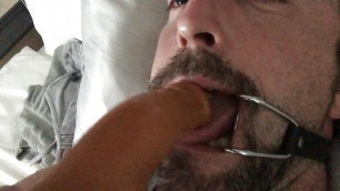 Hands free cum from estim while gagged and sucking cum soaked dildo