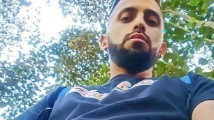 Big uncut cock latino jerking outdoors in the woods and eating his tasty cum careful not to get caught