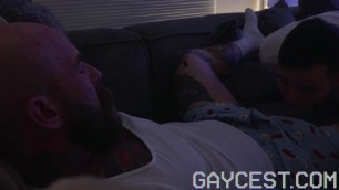 Inked Hairy DILF Breeds His Gay Stepson