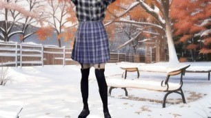 I AM HOT BUT THE WEATHER IS VERY COLD. PRETTY GAY BOY TWINK IN SCHOOLGIRL SKIRT IN THE PARK IN SNOWING DAY IN THE PARK