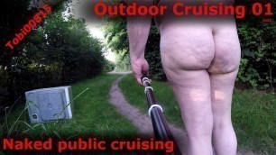 First naked walk at outdoor gay cruising-spot. Full nude, leaving my clothes behind. Masturbate and pee in public.