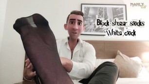 STEP GAY DAD - BLACK SHEER SOCKS WHITE COCK! - COME WORSHIP MY FEET WATCH ME EDGE MY HARD WHITE COCK & CUM TOGETHER