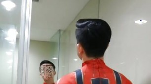 Gay Chinese Muscle Dressed Superman Solo In Tolet Sucks Cock